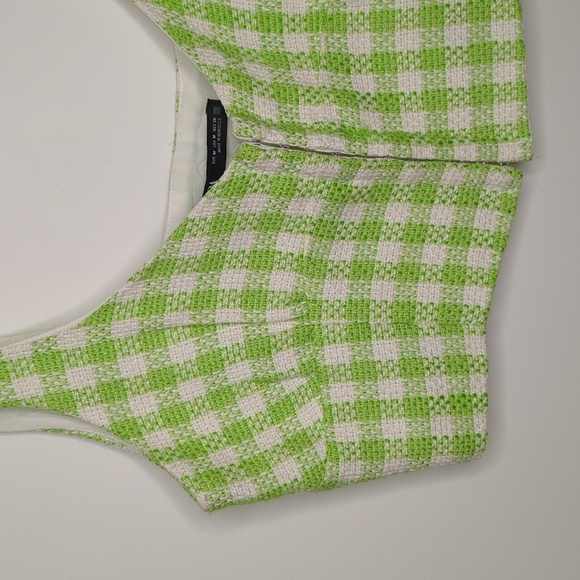 Zara Corset Style  Crop Gingham Tweed Green and White Top Size Medium - Picture 3 of 11